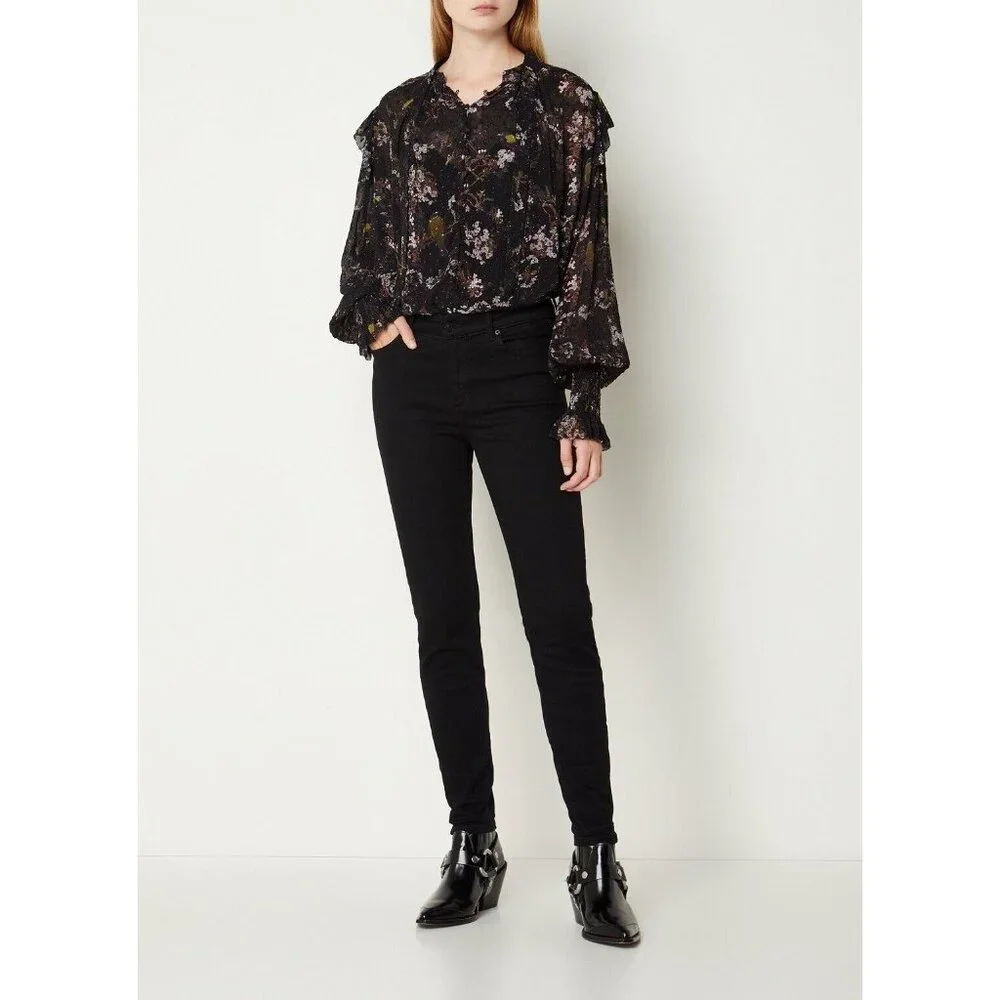 NWOT AllSaints women's Lara chiffon Shirt buttons closure Black Blouse Size 6 - Picture 3 of 14